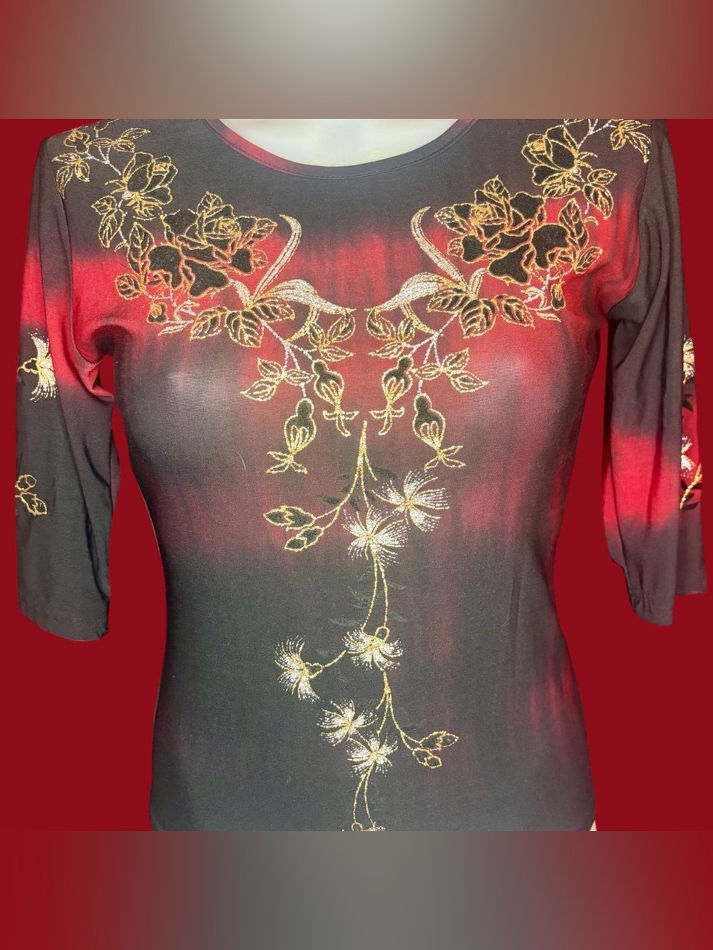 Enani Red & Black with Gold Floral 90's Mesh Top